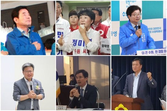 (상단 좌측부터 김진표 의원, 정미경 (전.의원), 염태영 수원시장, 하단 좌측부터 채인석 (전 .화성시장), 서철모 화성시장, 김용 ,더불어민주당,화성갑 위원장)